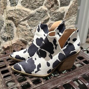 Cow-Print Cutout Ankle Booties in Black & White
